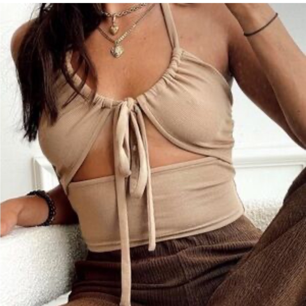 12th Tribe Beige Tie-Front Crop Top